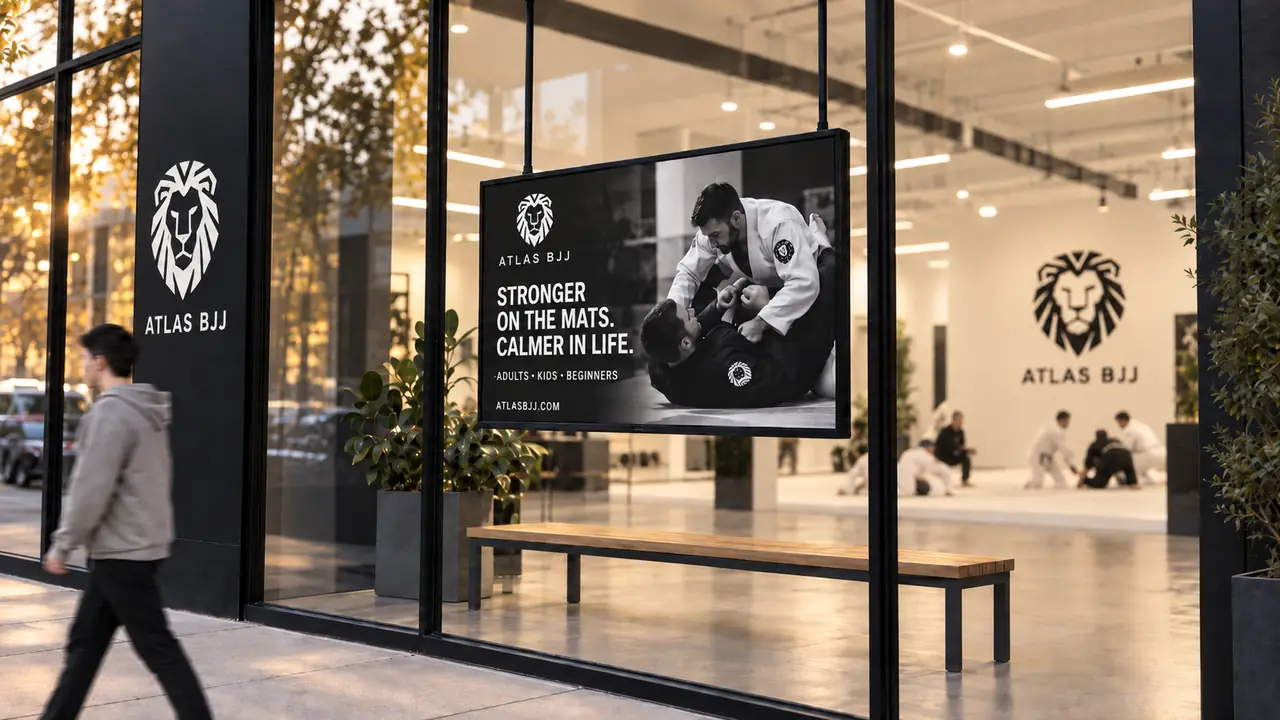 A digital signage unit in the academy's street window, in daylight
